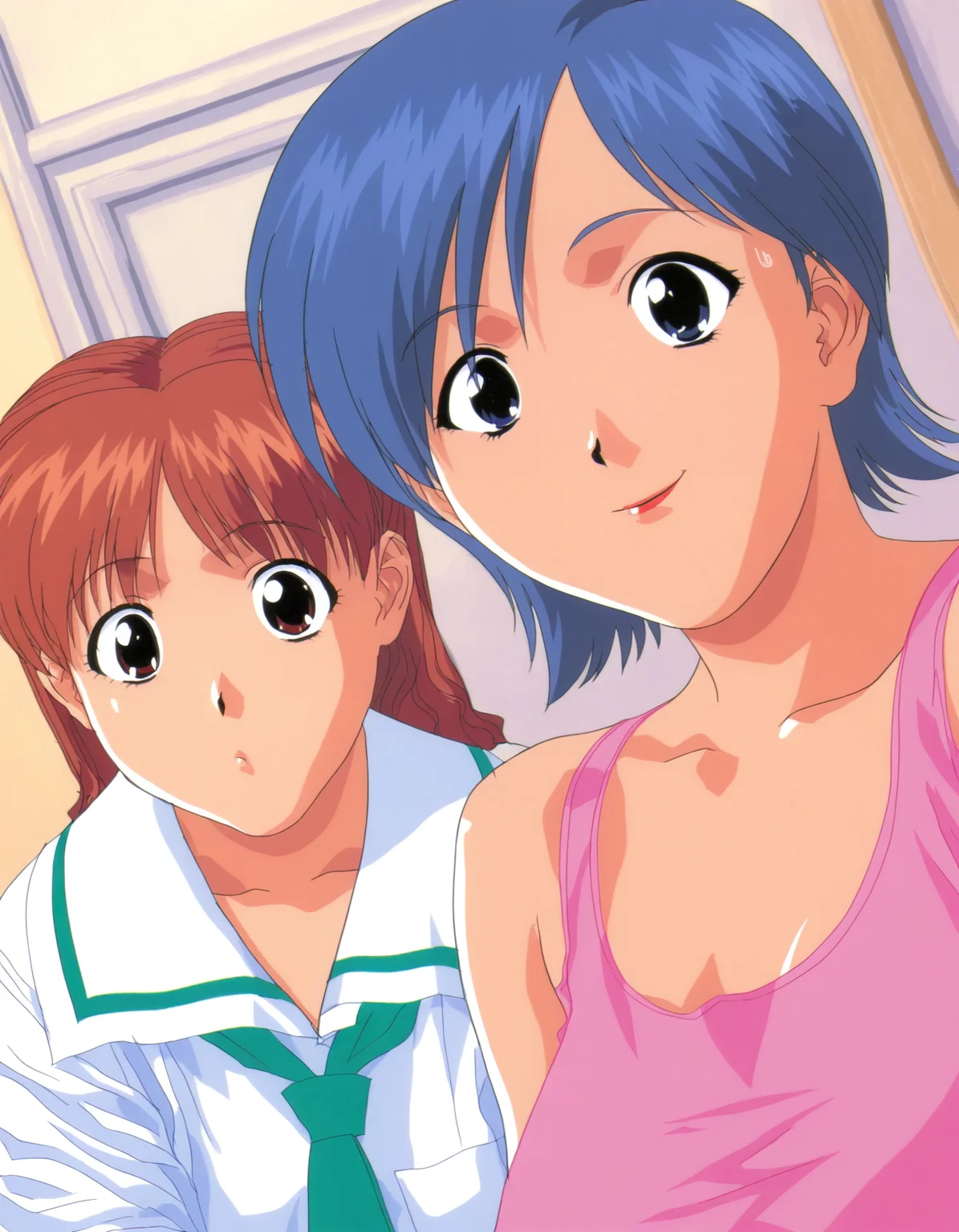 <lora:viper-ctr-illustrious-000028:1> 2girls, selfie, smartphone, bedroom
2girls, aska, serafuku, green neckwear, short sleeves
2girls, miki, short hair, blue hair, pink tank top, masterpiece, best quality