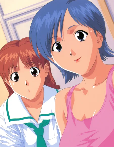<lora:viper-ctr-illustrious-000028:1> 2girls, selfie, smartphone, bedroom
2girls, aska, serafuku, green neckwear, short sleeves
2girls, miki, short hair, blue hair, pink tank top, masterpiece, best quality