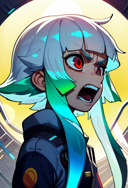 PonyScores7, score_9, score_8_up, score_7_up, Score_6_up, Score_5_up, Score_4_up,  source_anime, hi res, masterpiece, best quality, detailed, amazing quality, detailed background, detailed eyes, clean eyes, best quality, highres, FunnyGrifter_PS, partially illuminated, (halftone effect:1.4), 1girl, solo, from side, close-up, shiny, neon, (lens flare:1.2), multicolored hair, white hair, green hair, blue hair, sidelocks, (short hair with long locks:1.4), reflected light, god rays, light beam, blunt bangs, (neon distortion), headgear, science fiction, open mouth, angry, red eyes, (screaming), looking away, shadows, factory, wind