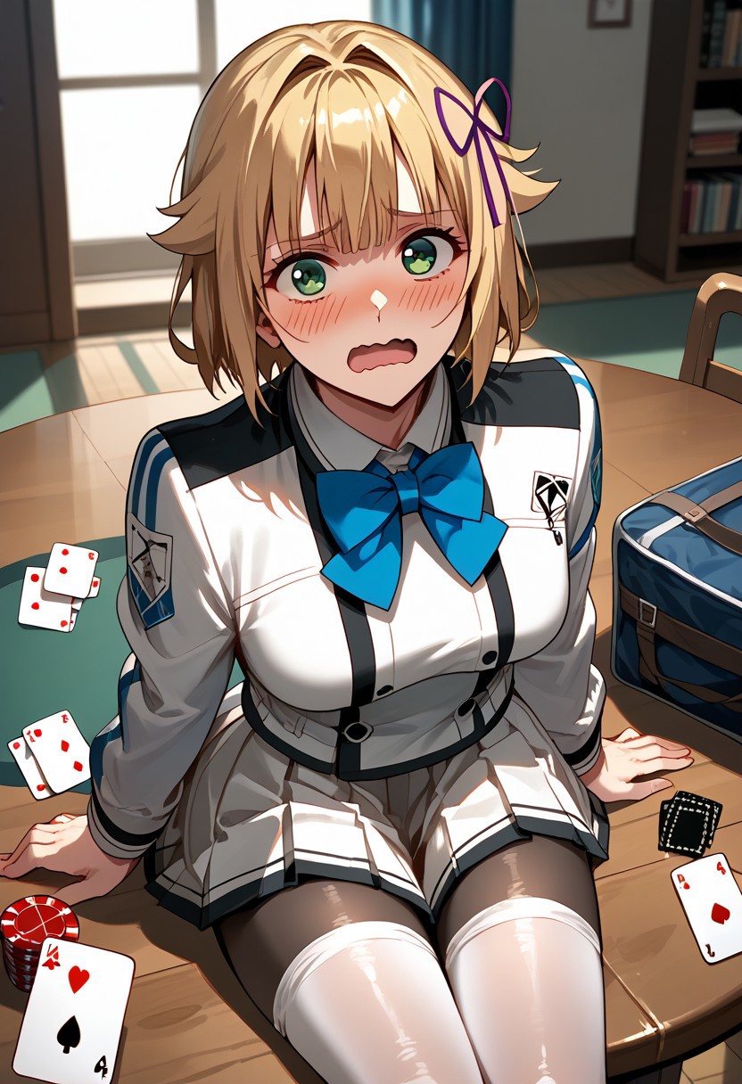 score_9,score_8_up,score_7_up,source_anime, Pearl Diamond,1girl,solo,blush,open mouth,skirt,long sleeves,holding,bow,ribbon,sitting,green eyes,jacket,school uniform,hair ribbon,pantyhose,pleated skirt,indoors,bowtie,black pantyhose,blue bow,white skirt,table,wavy mouth,wooden floor,blue bowtie,card,playing card,holding card