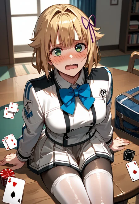 score_9,score_8_up,score_7_up,source_anime, Pearl Diamond,1girl,solo,blush,open mouth,skirt,long sleeves,holding,bow,ribbon,sitting,green eyes,jacket,school uniform,hair ribbon,pantyhose,pleated skirt,indoors,bowtie,black pantyhose,blue bow,white skirt,table,wavy mouth,wooden floor,blue bowtie,card,playing card,holding card