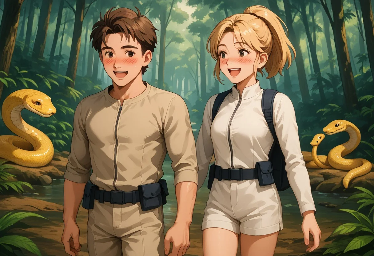 1boy and 1girl, 20yo, short brown hair, blonde ponytail, explorers, shot sleeve shirts, short pants, hot, canoe, rainforest, snakes, in love, happy, blush, chatgptanime