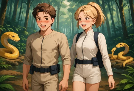 1boy and 1girl, 20yo, short brown hair, blonde ponytail, explorers, shot sleeve shirts, short pants, hot, canoe, rainforest, snakes, in love, happy, blush, chatgptanime