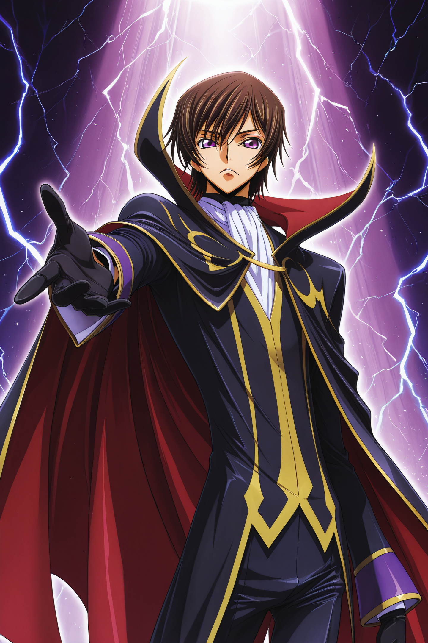 lelouch lamperouge,solo,looking at viewer,standing,short hair,purple eyes,geass black cape,black gloves,brown hair,cape,formal,gloves,high collar,long sleeves,pants,suit,lightning,spotlight,outstretched arm,upper body,
<lora:Takahiro Kimura_illustriousXL:1>,
