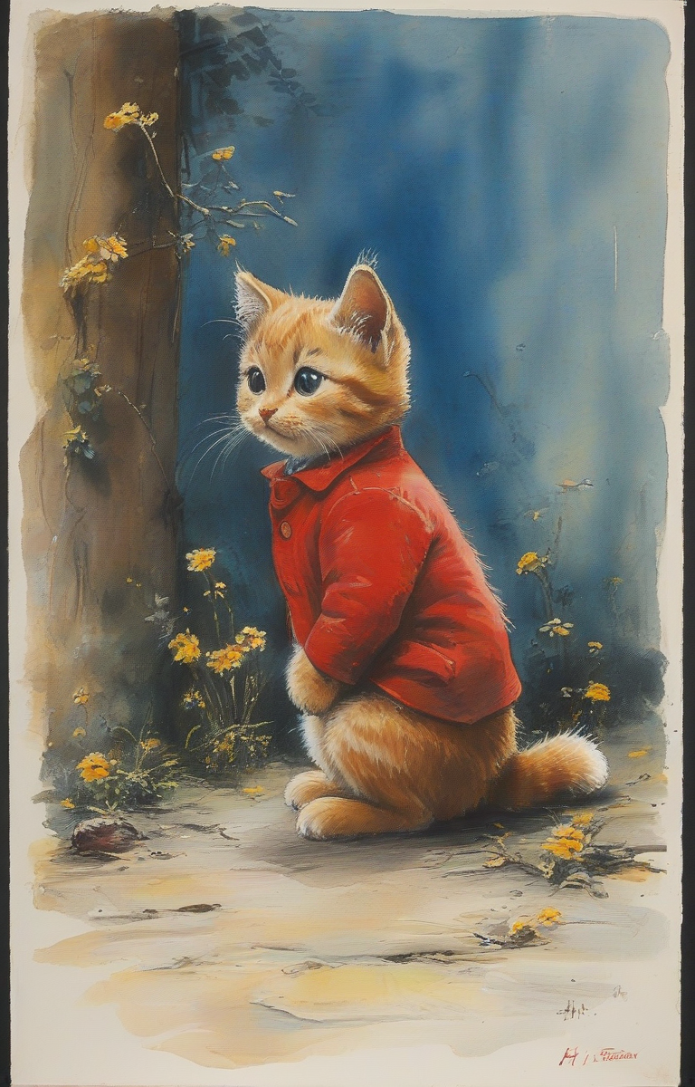 masterpiece,best quality,<lora:tbh131-sdxl:0.8>,cute cat,painting,style of E. H. Shepard,