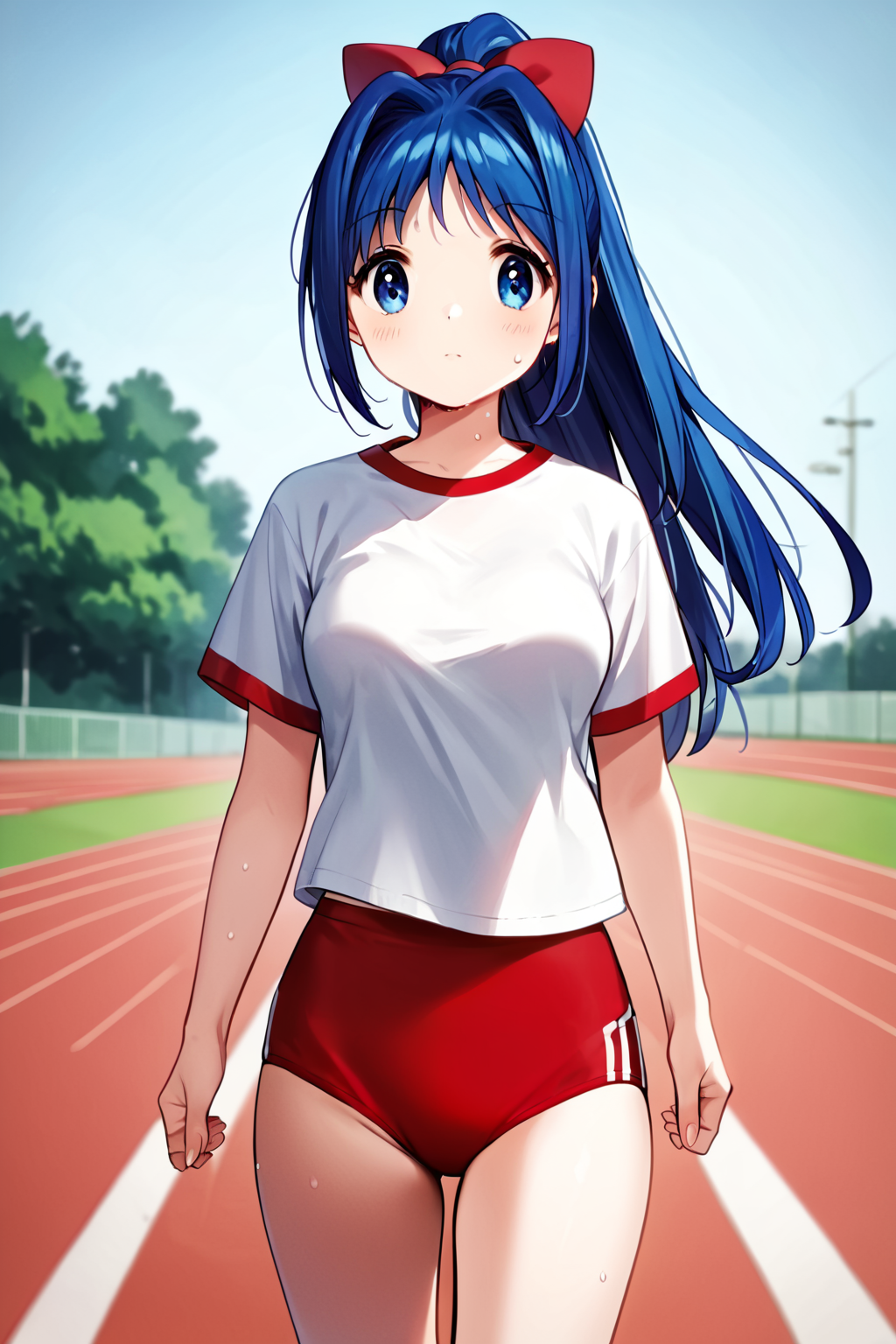 score_9, score_8_up, score_7_up, score_6_up, rating_safe, source_anime, best quality, masterpiece, detailed background, detailed eyes, school track, jogging, sweating, front view, looking at viewer, <lora:minase-nayuki-xl-03:1>, minase nayuki, medium breasts, blue hair, blue eyes, high ponytail, white t-shirt, red buruma, red_hair_bow