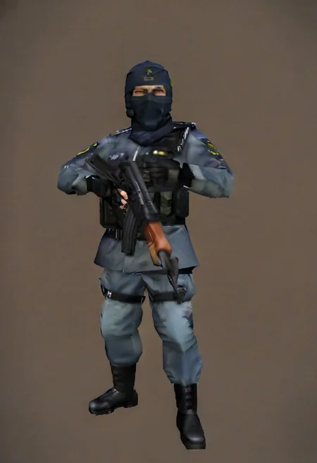 ps1 style, special forces, kgb, spetsnaz, alpha group, ak47, rifle, swat team, blue uniform, ski mask, ak47l