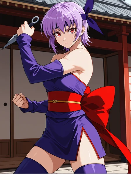 <lora:ayane-illustrious-000004:1> ayane, headband, ayanedef, strapless dress, obi, bare shoulders, purple detached sleeves, purple thighhighs, japanese clothes, purple dress, red back bow, 1girl, solo, kunai, serious, east asian architecture
masterpiece, best quality