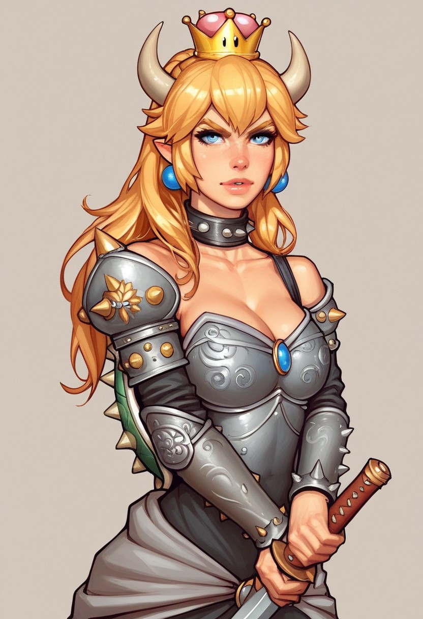 Beauty Bowsette from Super Mario, pale skin, slim stomach, long hair, ultra detailed beauty faces, action pose, big brightness blue eyes,
(((medieval spikes armor))), ((long sword in hands, steel sword in hands)), medieval style
BREAK 
strange world background score_9, score_8_up, score_7_up, score_6_up, source_cartoon, rating_explicit, Expressiveh, (((((portrait, close up))))), dynamic pose