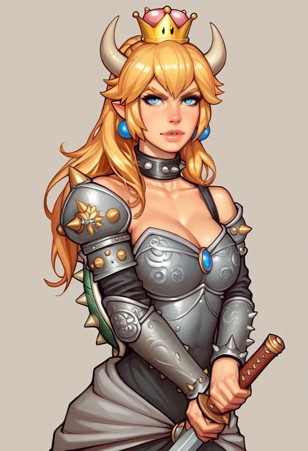 Beauty Bowsette from Super Mario, pale skin, slim stomach, long hair, ultra detailed beauty faces, action pose, big brightness blue eyes,
(((medieval spikes armor))), ((long sword in hands, steel sword in hands)), medieval style
BREAK 
strange world background score_9, score_8_up, score_7_up, score_6_up, source_cartoon, rating_explicit, Expressiveh, (((((portrait, close up))))), dynamic pose