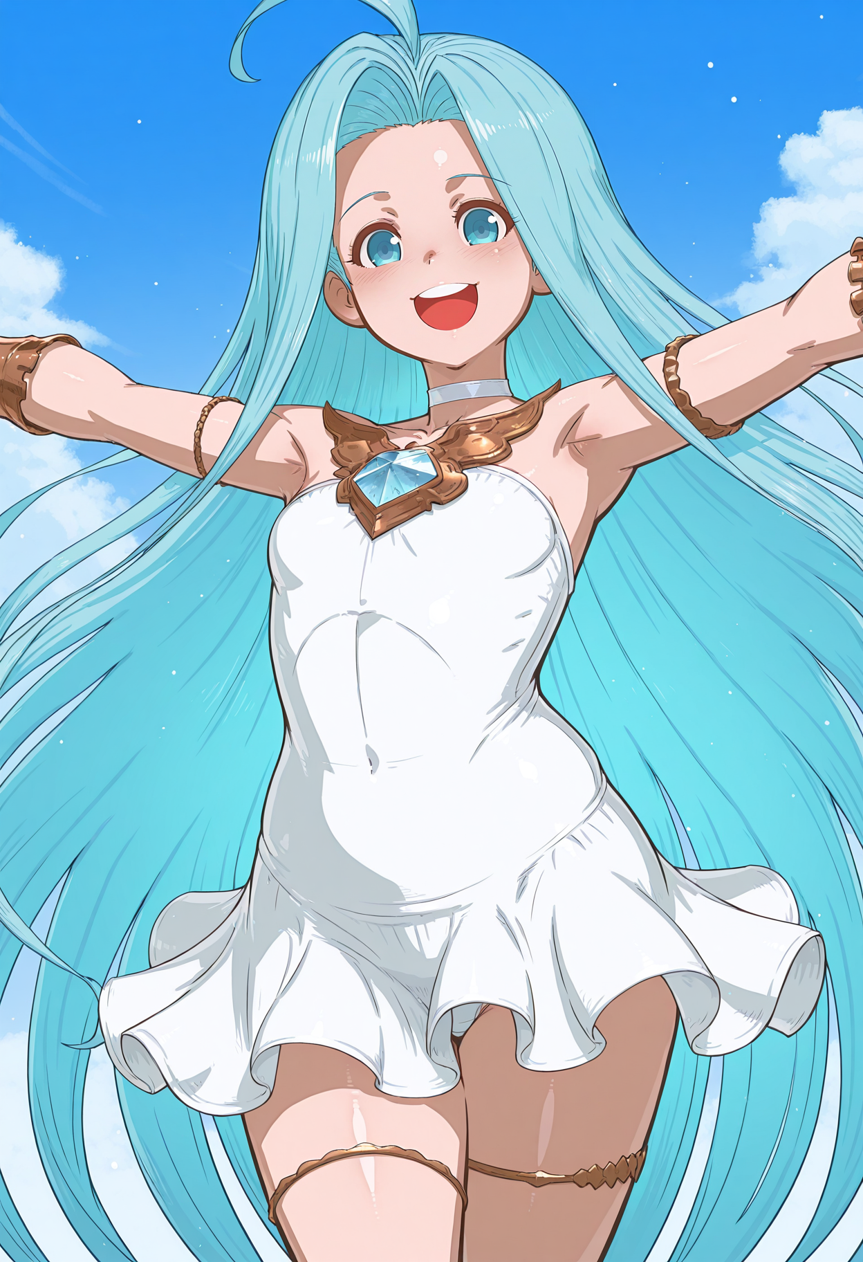 highres, best quality, masterpiece, blue sky,
tenseiani,
1girl, solo, lyria \(granblue fantasy\), 
strapless dress, white dress, thighlet, armlet,
looking at viewer, blush, smile, upper teeth only, 
standing, spread arms,
<lora:_tenseiani-sty-elesico-ilxl-rev2:1>