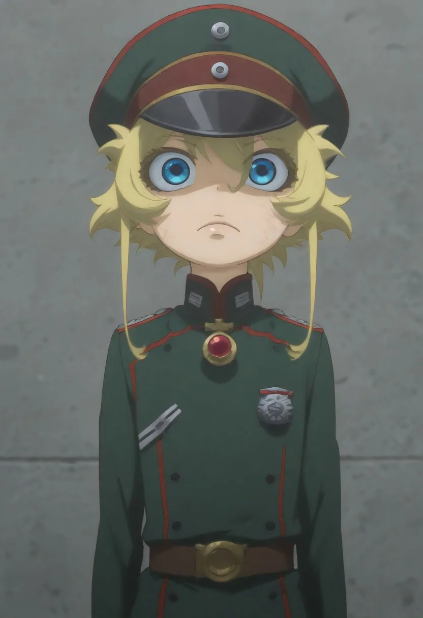 masterpiece, best quality, amazing quality, 1girl, solo,,, shiny skin,,,,,,<lora:Tanya Degurechaff_illustrious-000048:1>, Tanya Degurechaff,tanya degurechaff,1girl,,hat,,military uniform,,,peaked cap,green uniform,crazy_eyes,