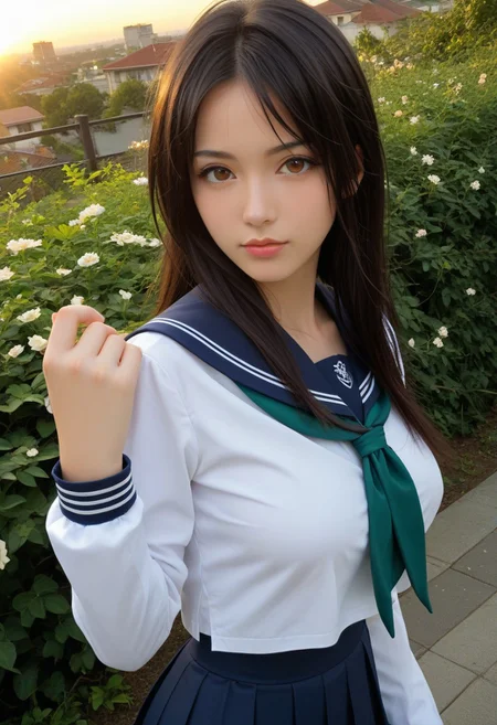 score_9, score_8_up, score_7_up, score_6_up,
photo, 2000s nostalgia, cinematic, AdrianoStyle, flowers background, god rays, (1girl, wakoto,black hair,long hair,brown eyes, lips, school uniform, serafuku, white shirt, long sleeves, blue sailor collar, blue long skirt, green neckerchief, large breasts),
upper body, face focus, dynamic angle,cinematic angle,dutch angle,looking at viewer,standing split, leg up,rooftop,fence,sunset,, masterpiece,best quality, very aesthetic, absurdres, ultra detailed, high resolution, 4k, extremely detailed CG,Expressiveh