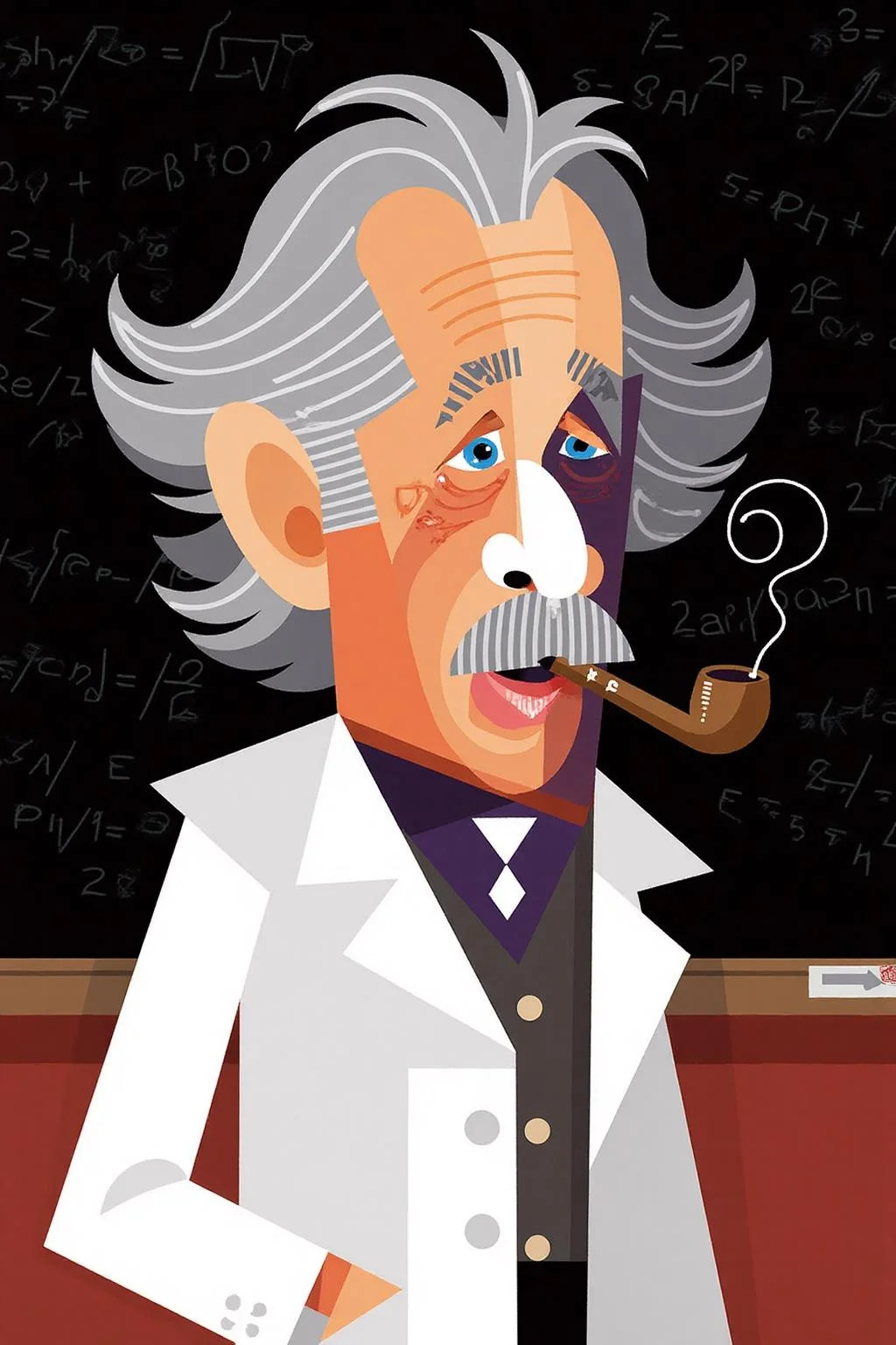 The image is a stylized, modern digital drawing in a pop art style, featuring Albert Einsten, wearing a white lab coat, and smoking a pipe. The background features a blackboard, filled with physic equations. The man has a stylized, exaggerated appearance with prominent, angular features. He has a prominent nose and mouth, His wild white hair is depicted as a stylized, angular shape. <lora:palo1_cap_d6a3e12:1.0><lora:821349119105701668:0>