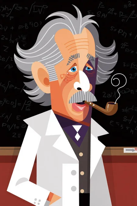 The image is a stylized, modern digital drawing in a pop art style, featuring Albert Einsten, wearing a white lab coat,  and smoking a pipe. The background features a blackboard, filled with physic equations. The man has a stylized, exaggerated appearance with prominent, angular features. He has a prominent nose and mouth, His wild white hair is depicted as a stylized, angular shape. <lora:palo1_cap_d6a3e12:1.0><lora:821349119105701668:0>