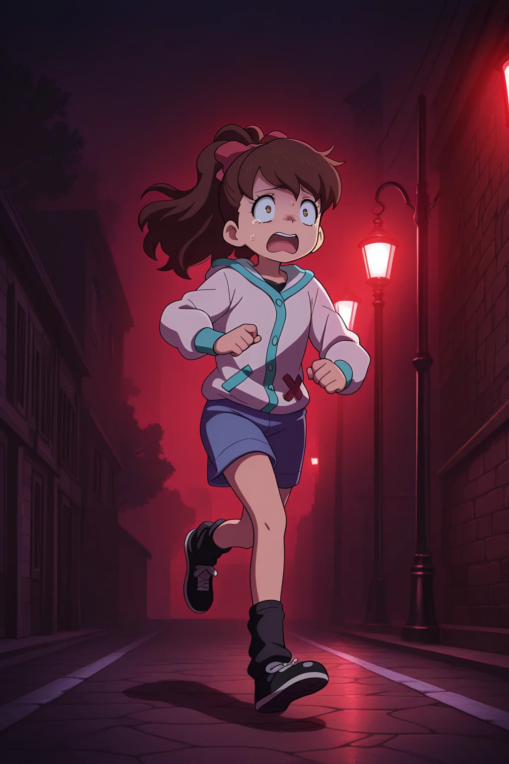masterpiece, best quality, amazing quality, absurdres, kodamafumika, brown hair, high ponytail, solo, scared, panicking, running, white jacket, blue shorts, black ankle warmers, black shoes, outdoors, night, dark atmosphere, red lighting, dark alleyway, lamppost