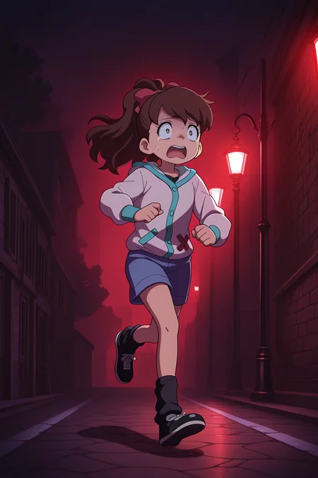 masterpiece, best quality, amazing quality, absurdres, kodamafumika, brown hair, high ponytail, solo, scared, panicking, running, white jacket, blue shorts, black ankle warmers, black shoes, outdoors, night, dark atmosphere, red lighting, dark alleyway, lamppost