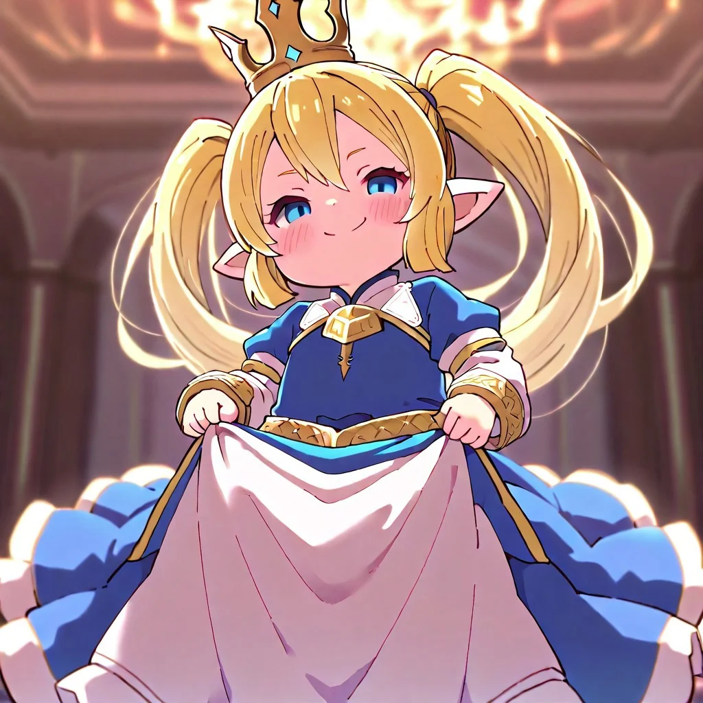 1girl, solo, best quality, masterpiece, lalafell, pointy ears, flat chest, shortstack. granblue fantasy, charlotta, harvin, blonde, long hair, blue eyes, blue dress, lace, long dress, tall crown, mesugaki, blush, smug, <lora:NTR_MIX_4.0_LORA:0.5>