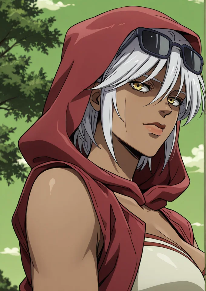 (jojo:0.6), outlines, M4r1ah, mariah, girl, white hair, hair covers eyes, yellow eyes, sunglasses on head, tanned skin, buttoned up red cloak, upper body, green background, clouds, trees, <lora:Mariah_-_IL:0.7>
