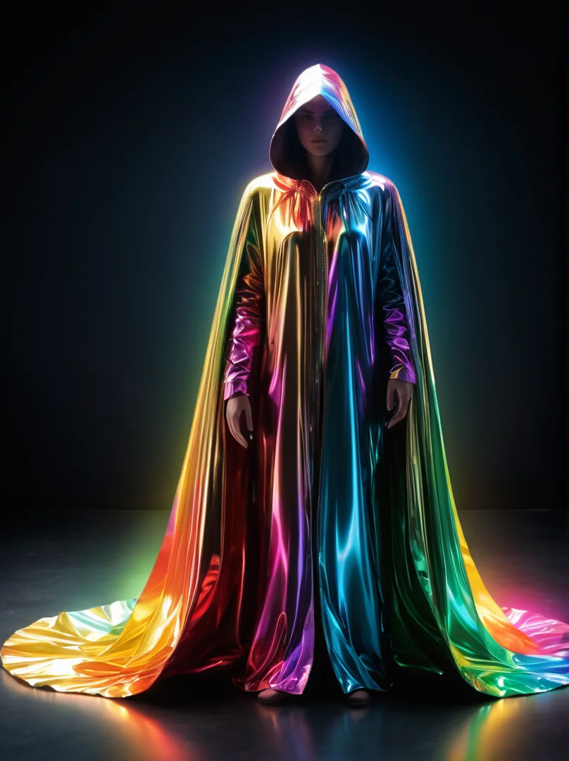 Shimmer: A figure who appears as if made of refracted light, bending into a spectrum of colors when they move. Shimmer can hide objects or people by enveloping them in a prismatic cloak of invisibility.
,comic
,style parody