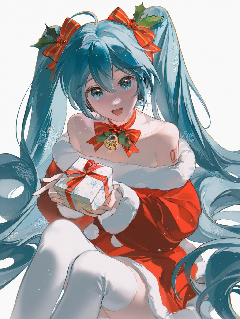 very awa, masterpiece, best quality, newest, absurdres, highres, year 2024, rumoon, (redum4:0.75), konya karasue, dino \(dinoartforme\), rella, suzumi \(ccroquette\), 1girl, hatsune miku, santa costume, santa dress, long sleeves, ((bare shoulders)), white thighhighs, neck ribbon, ((white background)), snowing, snowflakes, upper body, :d, jingle bell, holly, holding gift, hair bow, (((simple background))), collarbone, sitting,  <lora:z3zz4_075:0.45>