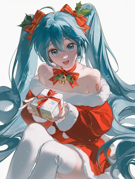very awa, masterpiece, best quality, newest, absurdres, highres, year 2024, rumoon, (redum4:0.75), konya karasue, dino \(dinoartforme\), rella, suzumi \(ccroquette\), 1girl, hatsune miku, santa costume, santa dress, long sleeves, ((bare shoulders)), white thighhighs, neck ribbon, ((white background)), snowing, snowflakes, upper body, :d, jingle bell, holly, holding gift, hair bow, (((simple background))), collarbone, sitting, <lora:z3zz4_075:0.45>