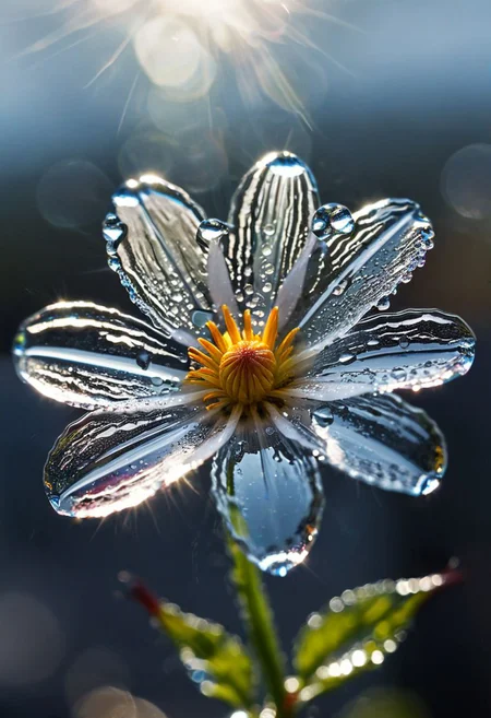 macro, glass flower, single, vibrant bloom, (water droplets:1.2), sunlight, reflection, cracks in glass, shattered, bokeh , symbolic, fragile beauty, close-up detail