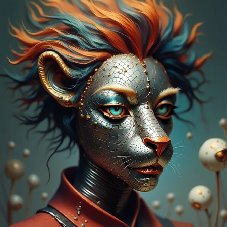 score_9, score_8_up, score_7_up, score_6_up, intricate, A dramatic papercut art scene featuring a furry creature with elements of fantasy and fractal art. The image, rich in texture and depth, captures a hybrid being with lion-like features and vibrant, metallic makeup., highly detailed <lora:ponys-dream:.9>