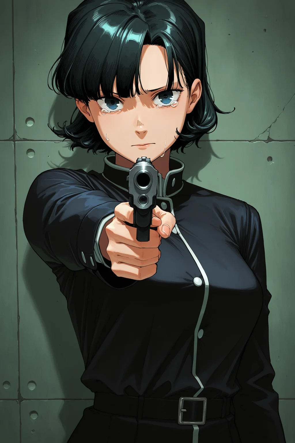 masterpiece, best quality, absurdres, safe
1girl, yomiko hourai, black hair, short hair, black eyes,
solo, tears, holding gun, pointing at viewer
<lora:fool_night_il_1_d16:1>