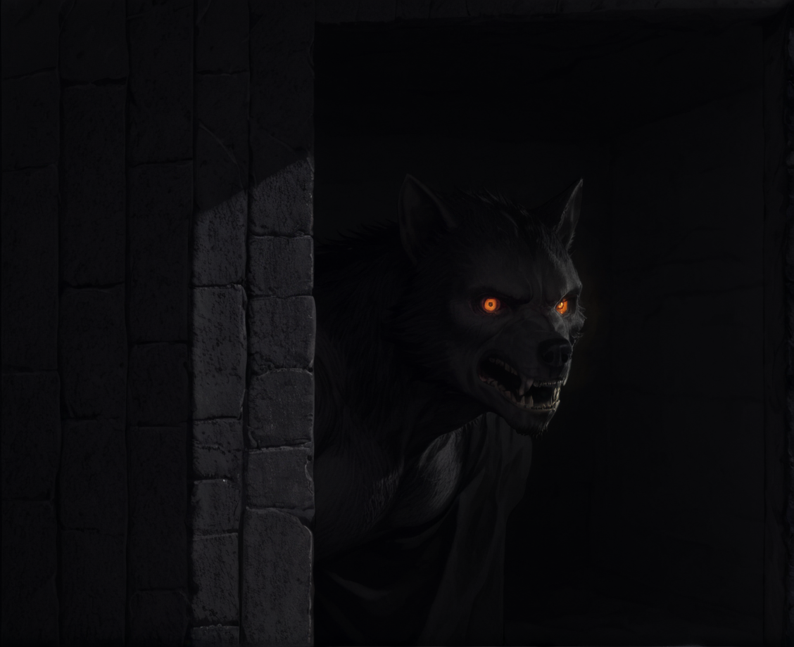 score_9, score_8_up, score_7_up, score_6_up, source_monster, BREAK, 
cave entrance, ((((darkness)))),blackest black cave entrance, (pitch black cave), night time, ((obscured by darkness)), glowing eyes in darkness, barely visible, hidden, hiding, cloaked in darkness, blackest black, black background,
W3rewolf, werewolf, (orange eyes),
<lora:Werewolf for PonyXL:0.5>, <lora:SDXL_Black_Sa_May:2>
