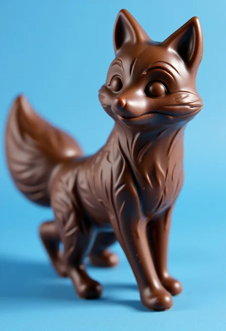 chocolate style. The image presents a close-up view of a chocolate anthro anthropomorphic fox, meticulously crafted with attention to detail, which adds a touch of realism to the scene. The blue sky contrasts beautifully with the rich brown hue of the chocolate fox.
The fox itself is a delightful treat for the eyes. It has been made from what appears to be dark chocolate, giving it a glossy finish that enhances its visual appeal. The fox's body and legs are clearly visible, while its tail is slightly less distinct. This gives the impression of a sly creature poised in motion, ready to spring into action at any moment.
The background is blurred, ensuring that the focus remains solely on the chocolate fox.. This effect creates a sense of depth and perspective, making the image appear even more lifelike and realistic. Overall, this image captures the essence of a chocolate fox in an eye-catching and detailed manner.