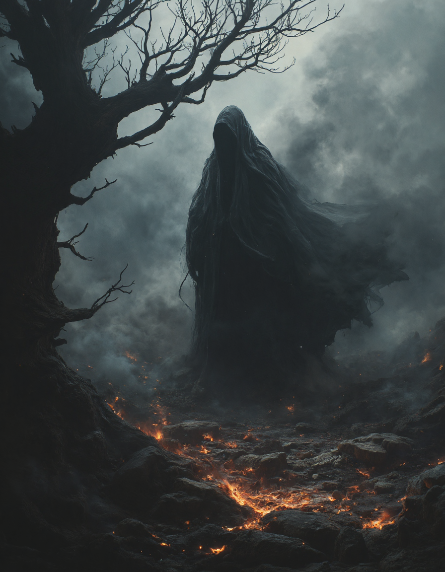 A hooded figure cloaked in black stands in a smoky, mystical landscape. Their face is hidden, and tendrils of darkness swirl around them, giving an ethereal, ghostly effect. A twisted, barren tree looms on the left, adding to the eerie atmosphere. The ground is covered in ash and glowing embers, hinting at destruction or a supernatural event. Dark, muted colorsâblack, grey, and brownâdominate, with a fiery glow from the ground providing sharp contrast. The scene feels chaotic and foreboding, with rough, smoky textures blending into the background, <lora:aidmaMJ6.1:0.6>, <lora:fluxenhancer:0.3>