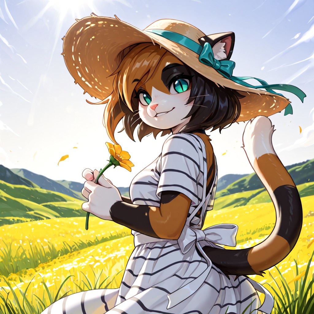 masterpiece, best quality, newest, absurdres, highres, furry, perfect anatomy, K4w4,1girl,solo,furry,furry female,cat girl,short hair,multicolored hair,cat ears,aqua eyes,slit pupils,snout,animal nose,whiskers,body fur,two-tone fur,cat tail,striped tail, hills, grass, sunny, windy, striped dress, black and white dress, sun hat, sunshine, beautiful, looking at viewer, happy, smiling, holding flower,