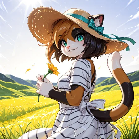 masterpiece, best quality, newest, absurdres, highres, furry, perfect anatomy, K4w4,1girl,solo,furry,furry female,cat girl,short hair,multicolored hair,cat ears,aqua eyes,slit pupils,snout,animal nose,whiskers,body fur,two-tone fur,cat tail,striped tail, hills, grass, sunny, windy, striped dress, black and white dress, sun hat, sunshine, beautiful, looking at viewer, happy, smiling, holding flower,