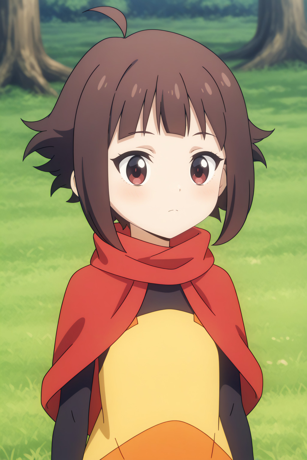 upper body,  young Megumin,  ahoge, short hair, pantyhose, dress, capelet <lora:Konosuba_Bakuen_-_young_Megumin_-_illustrious:0.8>