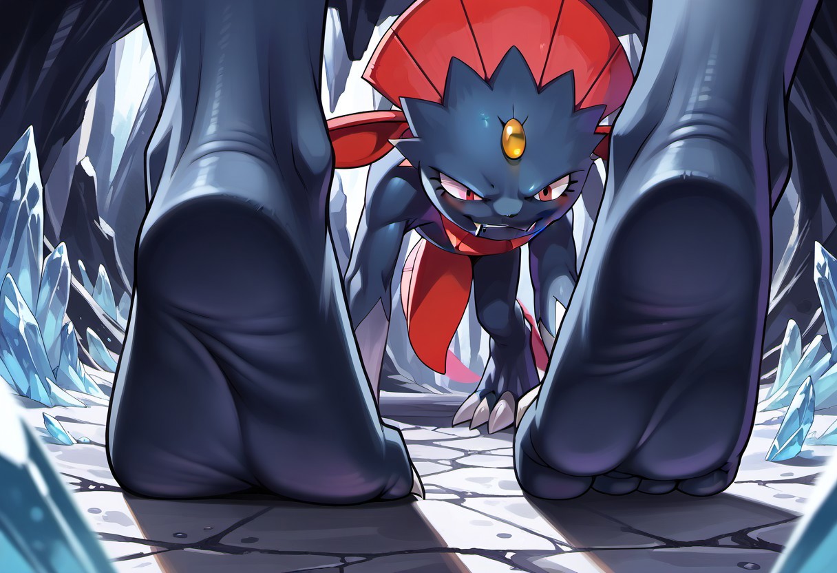 Weavile, pokemon (creature), barefoot, dark feet, 3 toes, standing, foot focus, close-up, ice cave