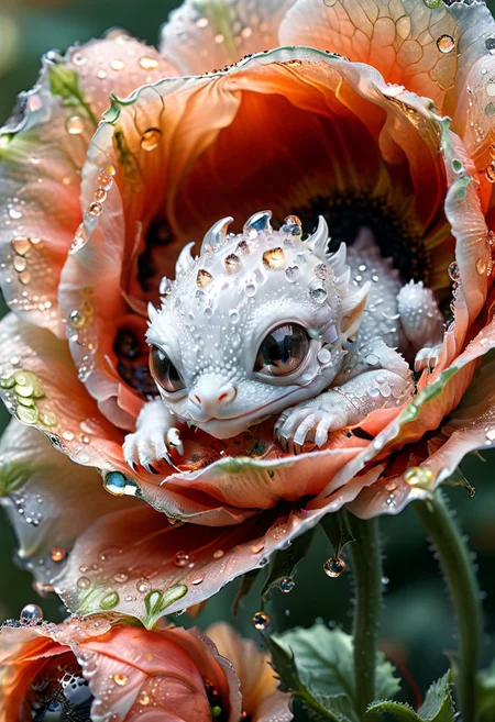 abstract expressionism, cuteness overload realism, close up macro photography by Shaddy of a close up cute tiny white rhinestone transparent ice gremlin little dragon sleeping inside a giant poppy flower, sleek, modern., fairytale, light inside body, otherworldly glowing fantasy, detailed glistening oil scales texture, soft sepia, artistic water drops, dynamic pose, tender, soft pastel colors, octane render, soft natural volumetric light, bioluminescence atmospheric, sharp focus, centered composition, professional photography, complex background, soft haze, masterpiece. animalistic, beautiful, tiny detailed<lora:xl_more_art-full_v1:0.3>