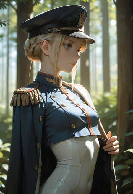 masterpiece, ultra-HD, cinematic lighting, photorealistic, impressionism (1.5), high detail, depth of field, (blurred background), (dramatic lighting),masterpiece, best quality, very aesthetic,8k,masterpiece, best quality,realistic, masterpiece, best quality, 8k, 
BREAK,
slim body, skinny, white bodysuit, skin tight, blue crop top uniform, small breasts, overhand, military uniform, epaulettes, golden buttons,blue eyes, blonde, military hat, forest background