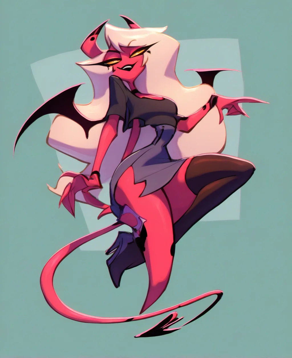 score_9. score_8_up. score_7_up, <lora:darnactDORA:1> darnact, score_9, darnact, 1girl, red skin, demon wings, demon horns, demon girl, demon tail, thighhighs, long hair, colored sclera, full body, smile, single thighhigh, skirt, high heels, boots, yellow eyes, simple background
