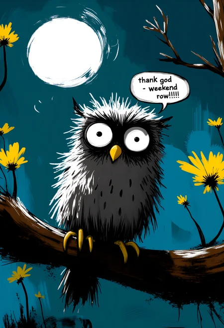 candid , head shot, dutch angle, 8mm Fisheye Lens. whimsicalart, darkfairytale, (moonlightart:1.2), (whimsical illustration:1.2), dreamy, fantasy, magic.  (a closeup selfie taken by a lazy little night owl sitting sleepily on a branch high in an old oak tree under a full moon:1.1).  (above her is a big speech bubble that says: "thank god - weekend now!!!":1.2).  (completely sleepy facial expression, half-closed big eyes:1.2).  masterpiece of fun.  brilliant dark collors, volumetric lighting, god rays.  <lora:30 style\flux Dark Whimsical Art v1 ()>, <lora:30 style\flux MOONZ WILD v1 ():0.8>
