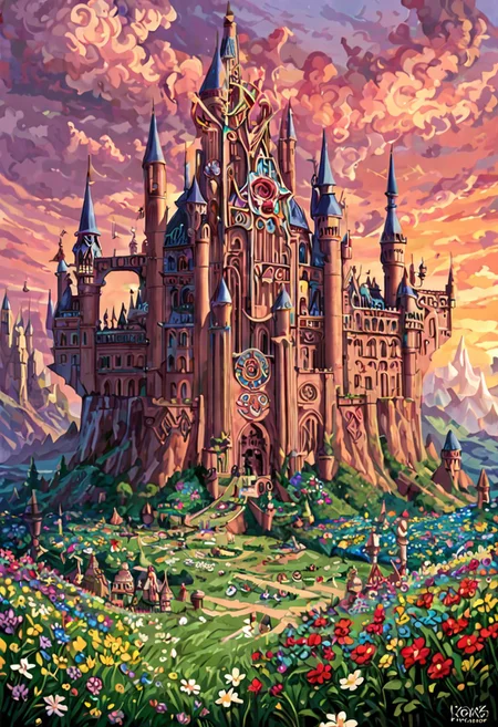 matchcraft floating island,((castle)),ruanyi0956, labyrinth, ((labyrinths)),labyrinth multicolor, grass,flower field,lalangheej, flores rainbow, flowers multicolor, rainbow ,outdoors,sunset,score_9,score_8_up