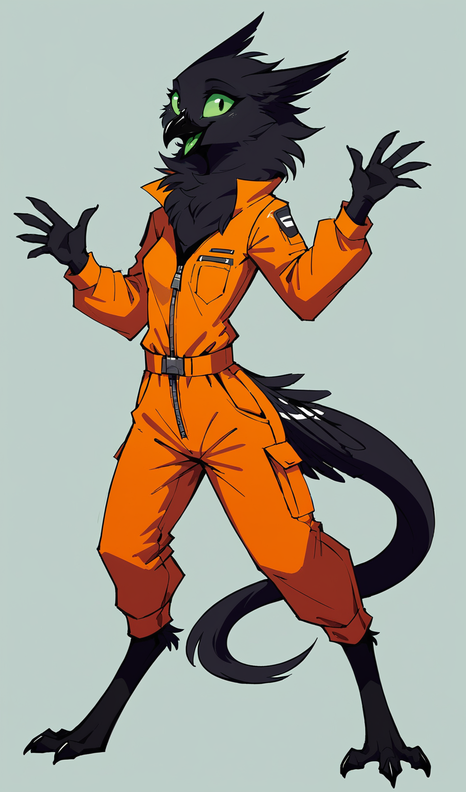 (score_9, score_8_up:0.8), lineless, flat colors, cel shading, futuristic, 
female avian shdw, black body, neck tuft, 5 fingers, orange jumpsuit, happy, smile, joy, small breasts, green sclera, (green tongue:0.7), 3 toes, digitigrade, long tail, 
<lora:velari_v0.2.1_pdxl:0.6>
