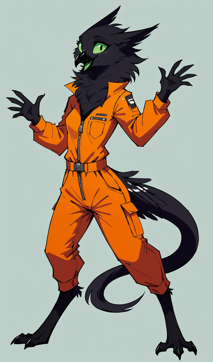 (score_9, score_8_up:0.8), lineless, flat colors, cel shading, futuristic,
female avian shdw, black body, neck tuft, 5 fingers, orange jumpsuit, happy, smile, joy, small breasts, green sclera, (green tongue:0.7), 3 toes, digitigrade, long tail,
<lora:velari_v0.2.1_pdxl:0.6>