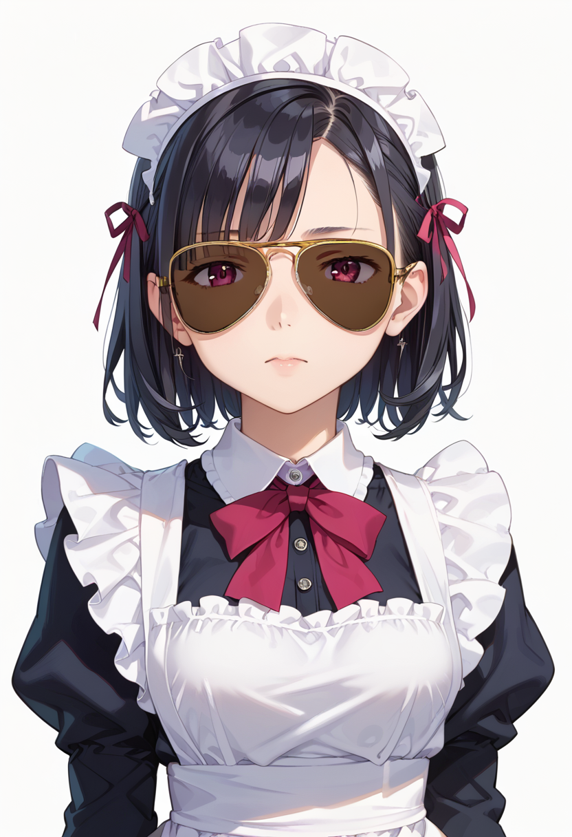 score_9, score_8_up, score_7_up, rating_safe, masterpiece, best quality, absurdres, unity 8k wallpaper, official art, official style, source_anime, uncensored, game cg, megami magazine,
1girl, solo, black hair, medium hair, upper body, maid, maid headdress, black dress, maid apron,
sg-AVIATOR, sunglasses, dark-tinted eyewear, covered eyes, white background, simple background, yellow-framed eyewear
 <lora:glasses_aviator_PONY_V2:1>