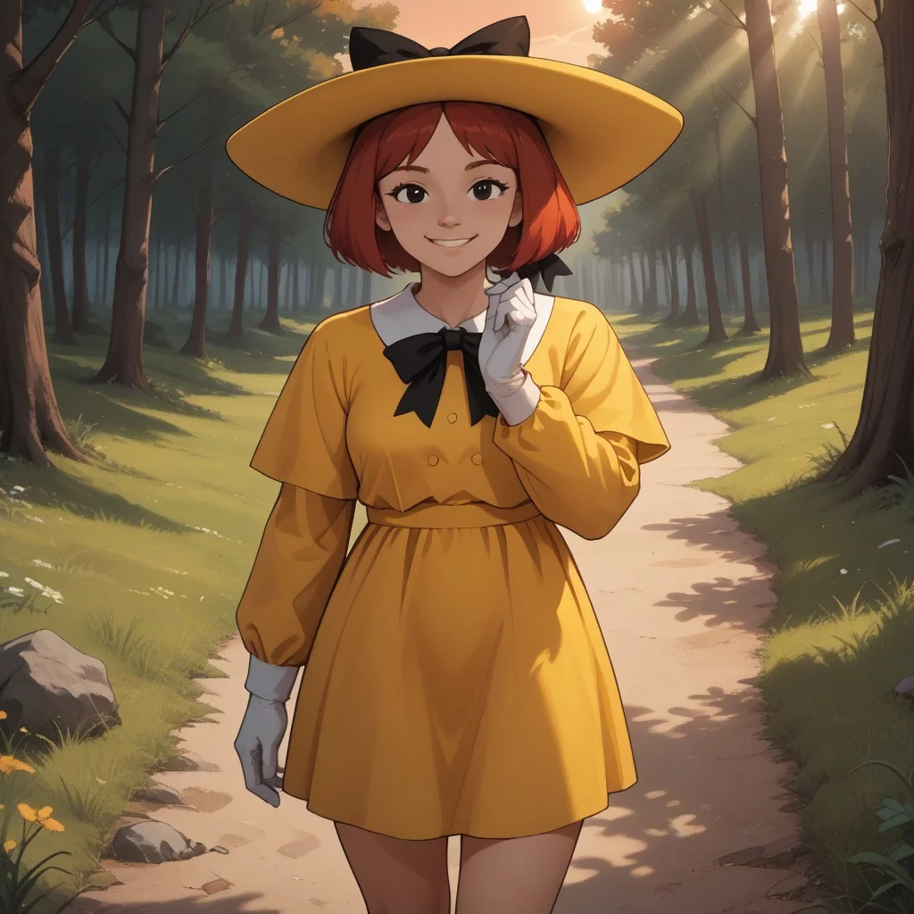 score_9, score_8, BREAK, solo, Madeline_Fogg, 1girl, solo, cute, black eyes, yellow hat with a black hair bow, yellow school dress, white gloves, red hair, socks, black shoes, self portrait, smile, looking at viewer, outdoors, sunlight, shadows, evening lighting, natural lighting, forest, trees, grass, orange sky, sunset
