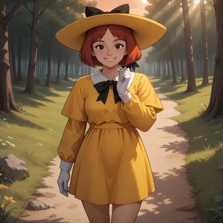 score_9, score_8, BREAK, solo, Madeline_Fogg, 1girl, solo, cute, black eyes, yellow hat with a black hair bow, yellow school dress, white gloves, red hair, socks, black shoes, self portrait, smile, looking at viewer, outdoors, sunlight, shadows, evening lighting, natural lighting, forest, trees, grass, orange sky, sunset