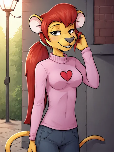 score_7, score_8, score_9, ultra high details,8k,dynamic lighting, detailed background,outside,schoolyard,bricked school building,,bright lighting,standing BREAK Solo, 1girl, ((anthropomorphic)), furry female,seductive eyes,long eyelashes,half closed eyes, <lora:Kate_Lionheart:0.85> kate lionheart, red hair, lion ears, lion girl, lion, long hair, lion tail, black eyes, ponytail, pink shirt, heart on chest, half-closed eyesmnedium breasts,perfect head,perfect hair,upper body,seductive smile,turtleneck,long sleeves,hand on own hair,playing with hair,