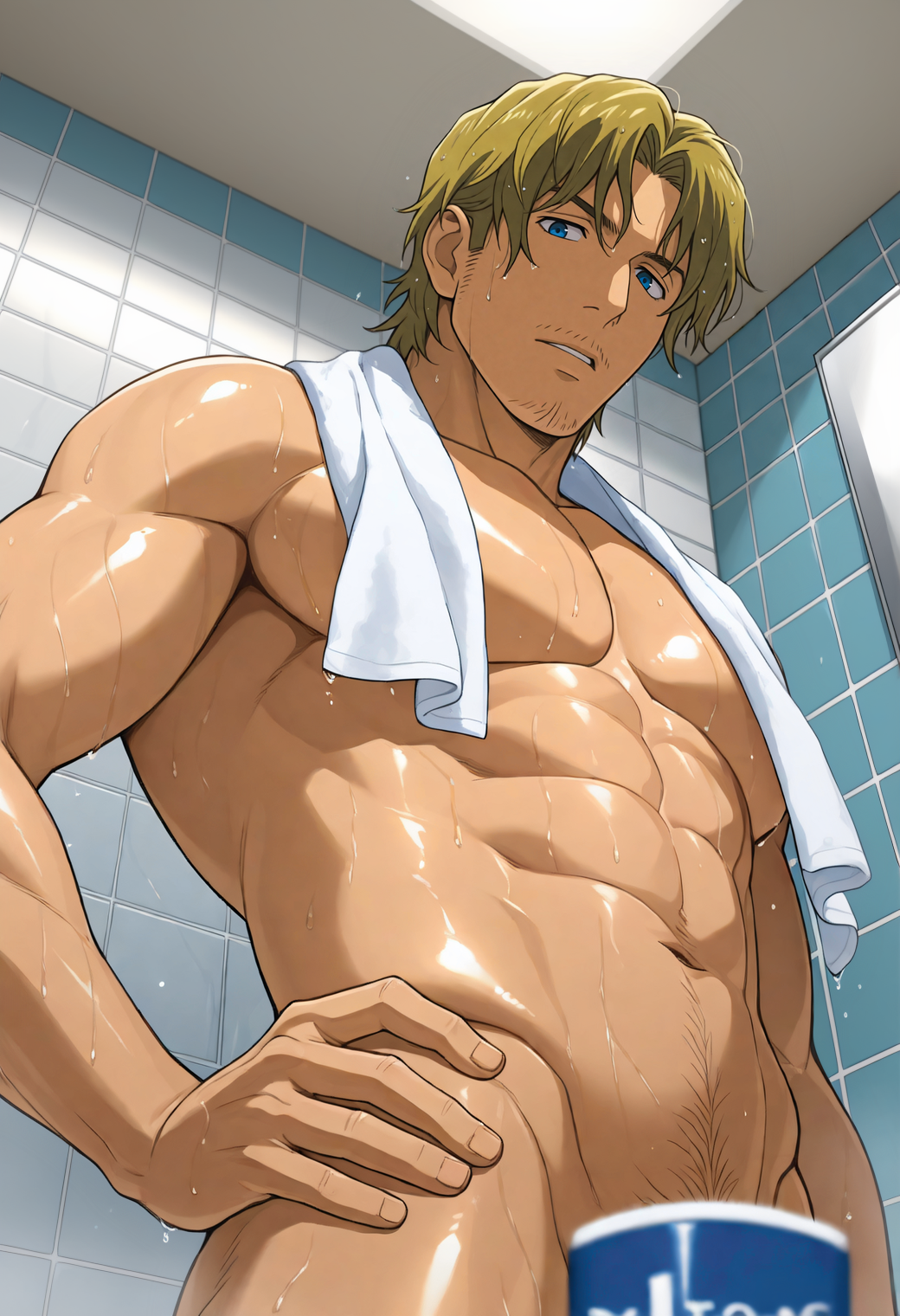 masterpiece,best quality,
1boy,
r1ch4rd14,blonde hair,blue eyes,goatee stubble,mustache stubble,
from below,looking at viewer,parted lips,wet,wet hair,(shiny skin:0.8),
bathroom,tiled wall,product placement,convenient censoring,hand on own hip,towel around neck,(navel hair:0.8),
<lora:richard_watts_NAI_EPS_1_1_CAME_v1_rev7:1>,âââ