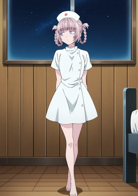 detailed background, official style,anime coloring, (anime screencap) masterpiece, detailed face,1girl <lora:Nazuna_Nanakusa-10:0.8>Nazuna, solo, barefoot, blue eyes, braid, grey hair, hair rings, dress, star (sky), short hair, indoors, full body, standing, short sleeves, starry sky, sky, nurse, night, white dress, bed, window, bangs, night sky, looking away, buttons, wooden floor, closed mouth, nurse cap, looking to the side