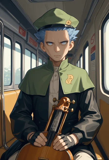 score_9, score_8_up,score_7_up, source_anime, 1boy, solo, akagi,
short hair, blue hair, blue eyes, no eyebrows,
bard, leather outfit, instrument, lute \(instrument\) , musical note, fingerless gloves, green capelet, puffy sleeves, tudor cap, long sleeves, medieval bard outfit,
expressionless, emotionless_sex, @_@, spiral-only eyes, blank_stare, spiral,drool,
in a train interior, others silhouettes , public,
<lora:cyrs_pdxl_EliPot:1>